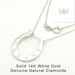 14K SOLID WHITE GOLD NATURAL DIAMOND HORSESHOE PENDANT EQUESTRIAN NECKLACE 18" - Picture 1 of 6