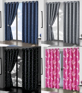 Glow in The dark Curtains Pair Ring Top Eyelet Kids Ready Made 2 Panel Curtain - Picture 1 of 7
