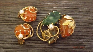 Gold Tone Multi-Color STONE PIN / BROOCH & EARRINGS Tiger Eye * Quartz - Picture 1 of 5