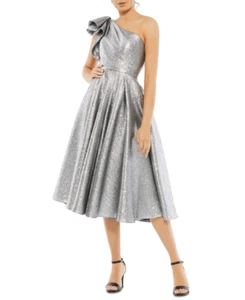 Vestido MIDI Mac Duggal plateado con lazo de un hombro para invitada de boda, talla US 6 - Imagen 1 de 3