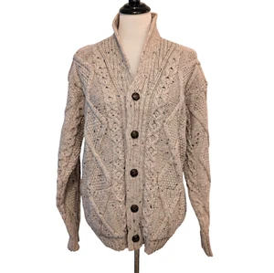 Aran Crafts Mens NWT Sz L Oatmeal 100% Merino Wool Cable Knit Fisherman Cardigan - Picture 1 of 12