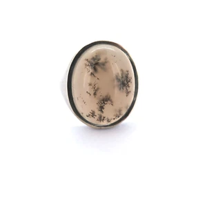 Vintage 14ct White Gold & Moss Agate Gemstone Ring Size P1/2 11.4g - Picture 1 of 13