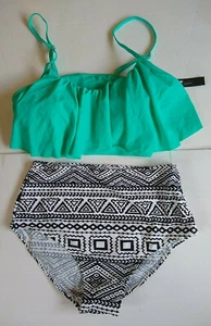 Swimsuit 2-Piece Bikini Womens XL Turquoise/Black & White Geometric Print NWT - Picture 1 of 7