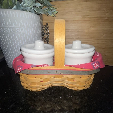 Longaberger 2000”Shaker Taker”Basket Set Condiment Jars Lids~Red Bandana~liner~ Cover