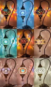 Turkish Moroccan Mosaic Bohemian Swan Neck Table Bedside Tiffany Lamp Light, 16" - Picture 1 of 9