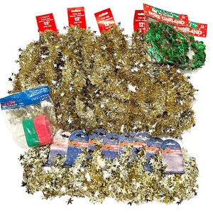 Vintage Christmas Tinsel Garland Decorations Gold Stars Green Red Holly Berries - Picture 1 of 15
