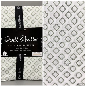 Dwell Studio QUEEN 4-pc Cotton Sheet Set Extra Deep White & Sage Green Diamonds - Picture 1 of 6