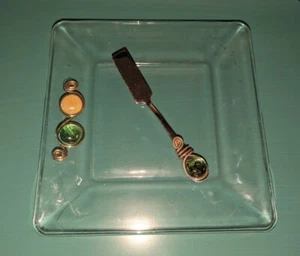 Unique 8" Square Glass Serving Dish Metal & Stone W/Matching Cheese Spreader. - Picture 1 of 5