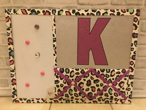 JUSTICE GIRLS K INITIAL MEMORY BOARD DRY ERASE CORK BOARD CHEETAH PRINT KIDS - Picture 1 of 8