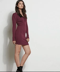 NWT Stone Row X Georgia May Jagger Rib Dress Volcom L Corset Bodycon Burgundy - Picture 1 of 12