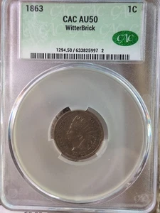 1863 1c Indian Head Cent CAC AU 50 - Picture 1 of 3