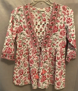 Top blusa cotone Jaipur Morni stampa rossa pizzo nappe davanti L India Boho Cottage - Foto 1 di 6
