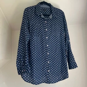 Talbots Women's 1X Linen Button Down Shirt Top Navy Polka Dot Coastal Blouse - Picture 1 of 6