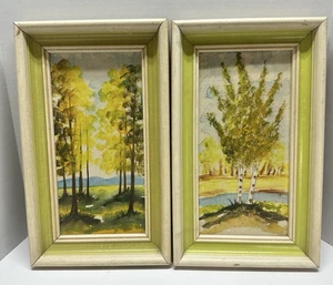 Pair VTG Oil Painting Canvas Painting Framed Trees Woods River Autumn Fall MCM - Picture 1 of 9