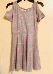 Girls Size 14 SO Open Shoulder Dress Light Gray Pink Hearts Midi - Picture 1 of 1