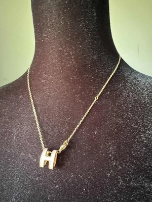 HERMÈS GHW Pop H Necklace Pendant Lacquered Metal Enamel Rose Gold Pink 16-18" - Image 1 of 4