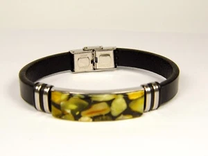 Baltic Amber Mosaic and Leather Cuff Bracelet 8.5" Men Women Unisex Natural 1201 - Picture 1 of 10