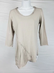 Luukaa Tan 3/4 Sleeve Women's Shirt Size 1 Stretchy Asymmetrical Top Patchwork - Picture 1 of 7