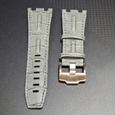 For AP 42mm Royal Oak Offshore 28mm Grey Leather Watch Band Rose Gold Buckle - Image 1 of 4