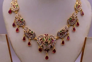 22K YELLOW GOLD HANDMADE GORGEOUS WEDDING NECKLACE CZ STONE JADAU NECKLACE INDIA - Picture 1 of 12