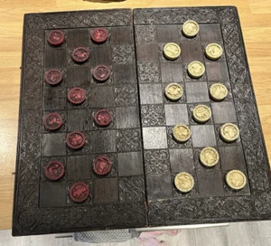 Vintage Jaques Carved Folding Backgammon Chess Box Set Wood Inlaid Board Counter - Picture 1 of 23