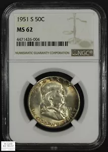 1951 S Franklin Silver Half Dollar 50C NGC MS 62 - Picture 1 of 4