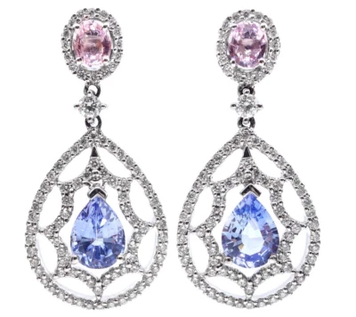 Blue Sapphires, Pink Ruby & Lab-Created Diamonds 3.92TCW Drop-Dangle Earrings - Image 1 of 4