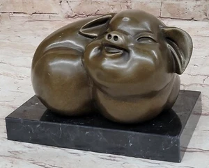Vintage Style Bronze Pig on Marble Base Rustic Farm Animal Sculpture Garden - Picture 1 of 10