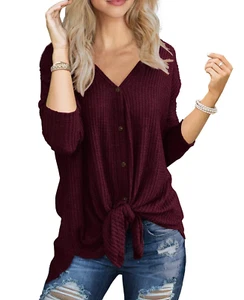 Womens Loose Blouse Long Sleeve V Neck Button down T Shirts Tie Front Knot Casua - Picture 1 of 12