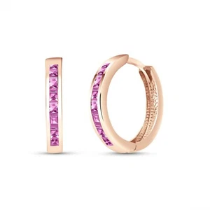 14K. SOLID GOLD HOOP HUGGIE EARRING WITH PINK SAPPHIRES (Rose Gold) - Picture 1 of 4