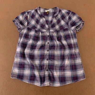 Sonoma Women's Size Small Plum Plaid Short Sleeve Button Front V Neck Blouse - Imagem 1 de 4