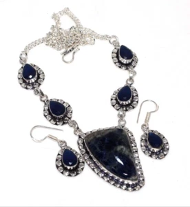 Sodalite Blue Topaz 925 Silver Plated Gemstone Handmade Pendant + Earrings - Picture 1 of 12