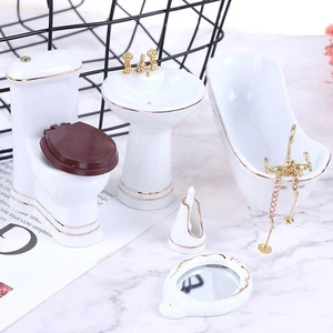 Juego de baño de porcelana en miniatura 1:12 - Espejo de cerámica para bañera con lavabo de inodoro casa de muñecas - Imagen 1 de 7