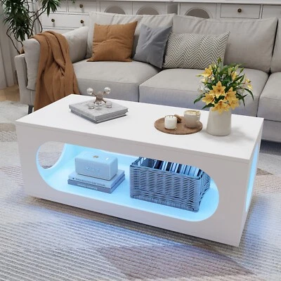 43" White Led Coffee Table Rectangular Contemporary Center Table with Storage - Image 1 of 4