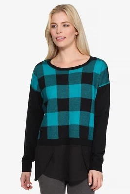 NEW KENSIE Buffalo Check Sweater Chiffon Hem Turquoise  Black Cotton S $99 - Image 1 of 4