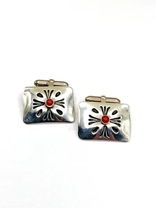 Vintage Sterling Silver Coral Cufflinks Rectangle Native American Handmade - Picture 1 of 11