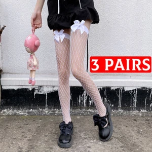 3x Women Sexy Thigh High Bow Sheer Fishnet Stockings Pantyhose Long Tights Socks - Picture 1 of 8