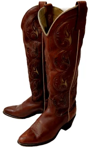 Vintage Acme Tall 16.5” Western Brown Leather Floral Inlay Boots Women’s 6.5 A - Picture 1 of 11