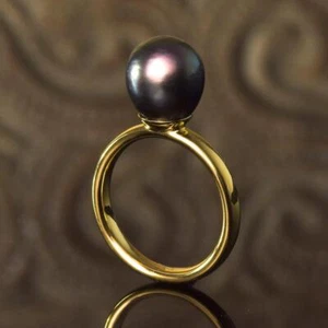 Ring size 7 Gold Vermeil over Sterling Silver & a Black Tahitian Pearl 4.63 g - Picture 1 of 11