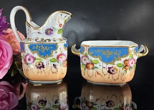 Antique Paris Porcelain Creamer & Sugar Bowl Sevres Style Raised Gilt France - Picture 1 of 18