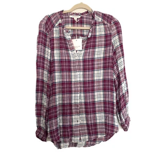 Beach Lunch Lounge Top Womens XS Multicolor Plaid Oversized Button Down Blouse - Picture 1 of 5