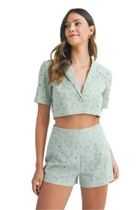 MABLE Eyelet Short Sleeve Crop Top and Shorts Set - Picture 1 of 8