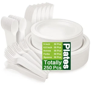 250 Piece Compostable Plates, Sugarcane Plates with Extra Long Utensils, Eco ... - Picture 1 of 7