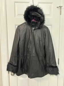 Vintage Wilsons Leder M/L schwarz Kunstfell gefüttert Kapuze Damen Lederjacke - Bild 1 von 12