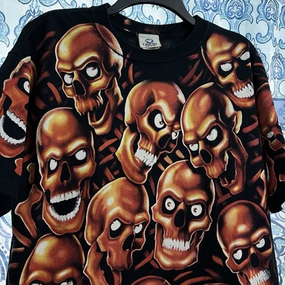 Vintage Y2K Liquid Blue RED Orange Skull Pile AOP T Shirt All Over Print Size L - Image 1 of 4