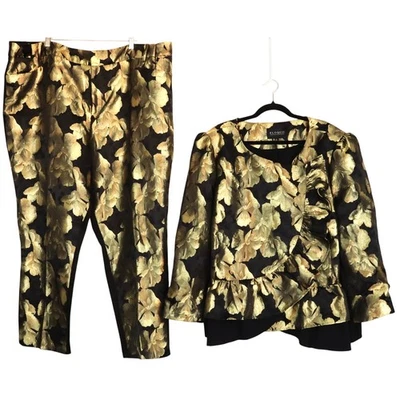 Eloquii Metálico Dorado Negro Formal Floral Pantalón Traje Volantes Fiesta Vacaciones Plus 28 Foto 1 de 4