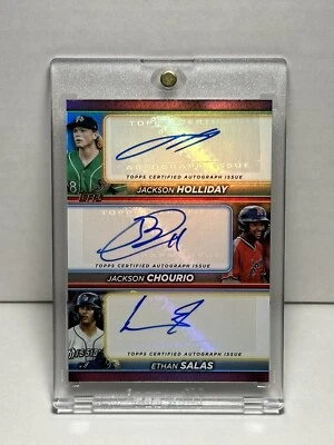 2024 Topps Pro Debut Baseball Holliday Chourio Salas Triple Auto Red Foil 10/10 - Image 1 of 3