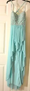 New SPRING AQUA gilrs women Dress Sz 7 PROM HOMECOMING asymmetric open back - Picture 1 of 5