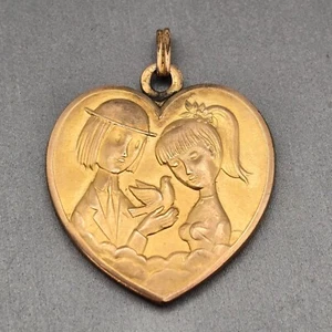 VTG Old PEYNET Lovers Heart Pendant Charm Gold Plate 1.25" Romantic Lovers 1947 - Picture 1 of 7