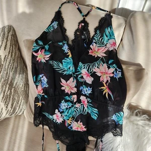 INC black floral lace teddy babydoll romper lingerie womens size XL - Picture 1 of 3